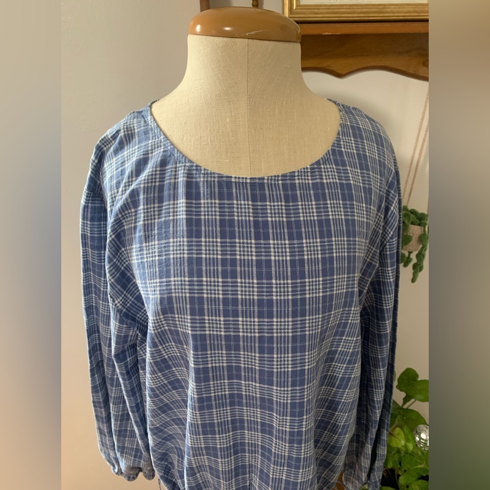 ANA A New Approach NWT Blue Plaid Long Sleeve Boho Peasant Blouse Size M - Picture 7 of 14